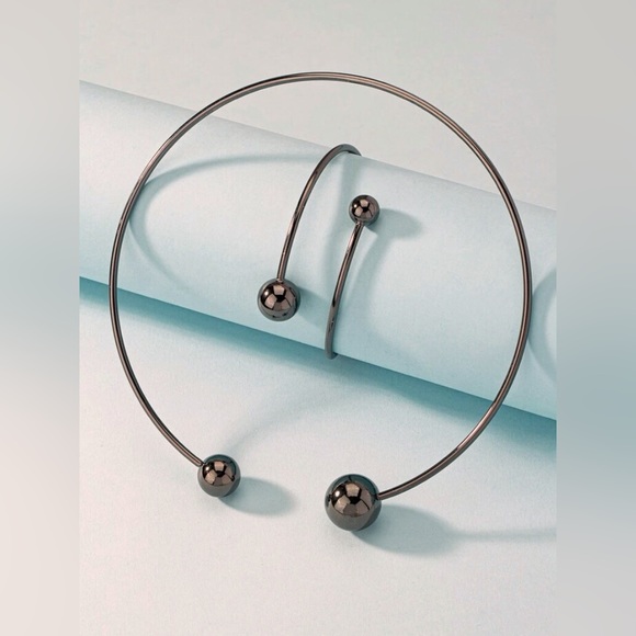 New Unique 2 Piece Metal Ball Open Collar Necklace & Bracelet Set - Picture 4 of 16